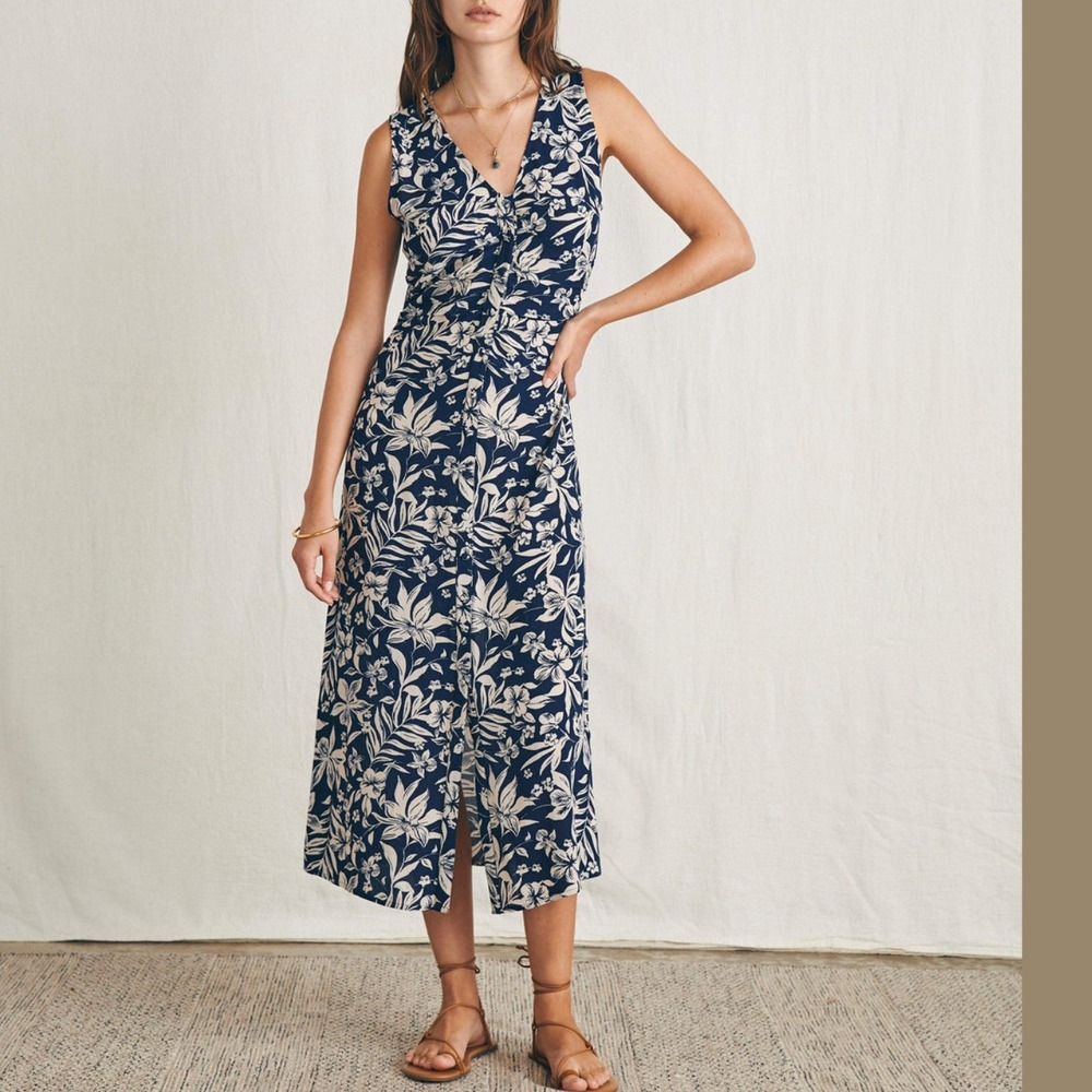 Faherty Navy and Cream Floral Midi Dress